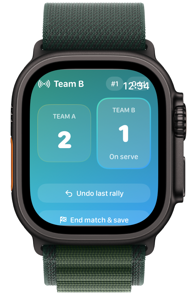 Apple Watch showing Pickleball Watch Scorer match screen
